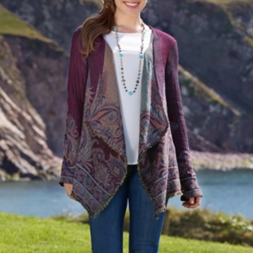 Anu 100% Wool Floral Drape Front Cardigan Women's M Burgundy Artsy Boho Retro